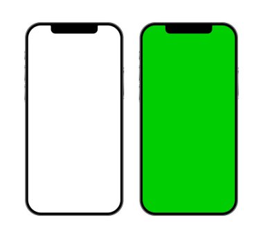 Mobile phone devices mockup template with blank white and green screen for advertisement. Vector illustration