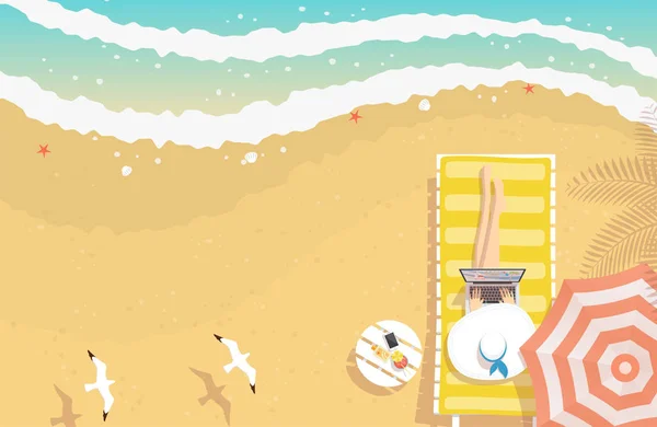 Laptop eğme dalgalar deniz, starfishes, kabukları ve martılar, üstten görünüm üzerinden uçan güneşlenme dokulu kumla sahilde oturup, çalışma beach şapkalı kadın