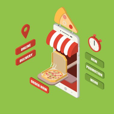 Online pizza sipariş ve teslimat kavramı, ahşap kürek, Dükkanı, sayaç, işareti, kronometre ve düğmeler üzerinde hizmet veren bir kutu içinde pizza ile dev izometrik smartphone