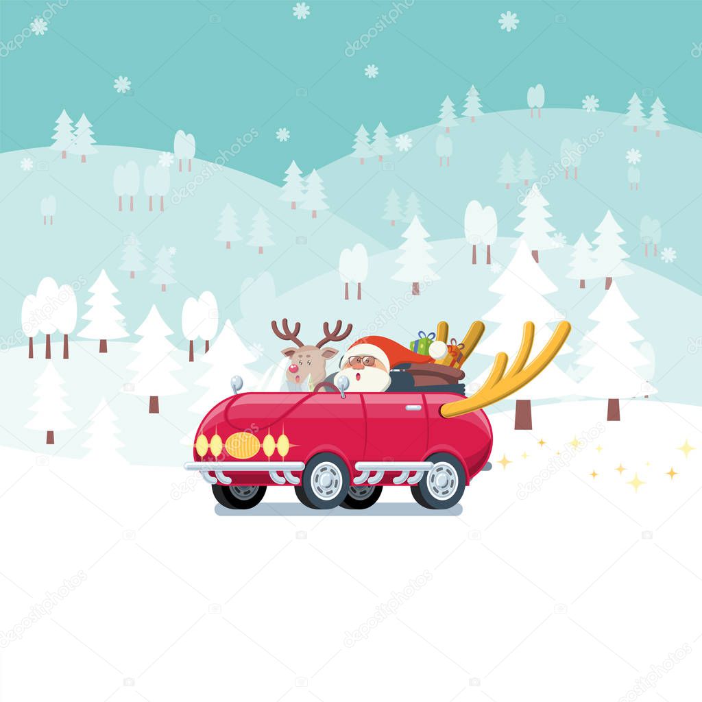 Santa driving car in snowy landscape