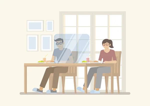 Hombre Mujer Comiendo Mesa Con Partición Transparente Para Proteger Infección — Vector de stock