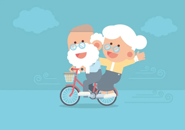 Casal Idosos Sorrindo Homem Sênior Andando Bicicleta Vintage Livre Com —  Vetores de Stock