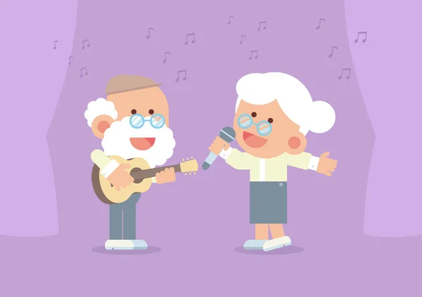Yaşlı çift gülümsüyor, gitar çalıyor ve güzel düz çizgi film tarzında perdelerle ve notalarla mutlu bir şekilde şarkı söylüyor.