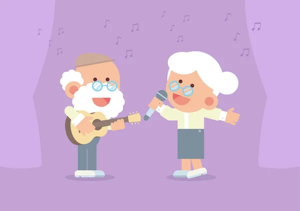 Couple Âgé Souriant Jouant Guitare Chantant Joyeusement Avec Rideau Notes Vecteurs De Stock Libres De Droits