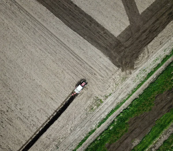 Air view of plowing red tractor on the field — Stock Photo, Image