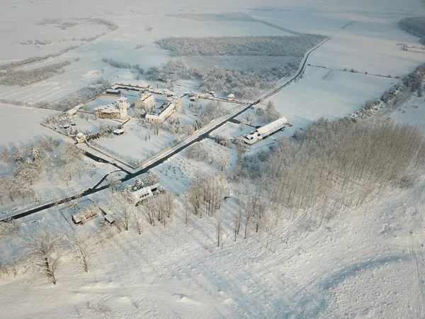 Air view to the Kovilj serbian orthodox monastery in winter