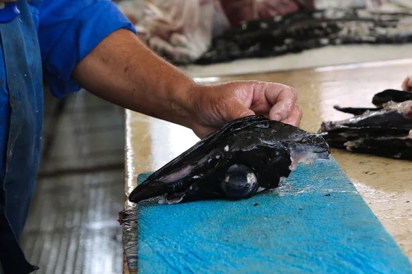 Kasap siyah bir scabard balık filets hazırlar — Stok fotoğraf