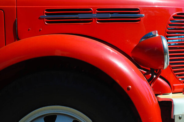 Detail of old, red, vintage firetruck