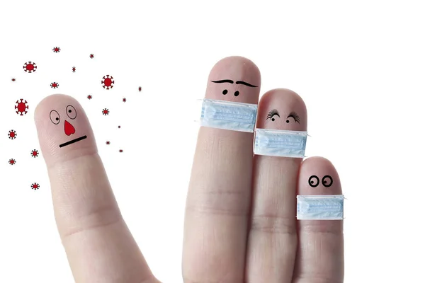 Finger Ansikte Familj Med Masker Hålla Socialt Avstånd Från Covid — Stockfoto