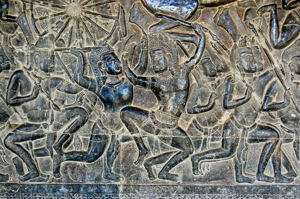 Starożytny Bas Relief Fryz Ścianie Angkor Wat Temple Siem Reap — Zdjęcie stockowe