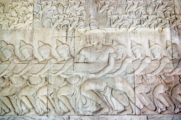 Antiguo Tallado Relieve Khmer Bas Que Muestra Una Fila Dioses — Foto de Stock