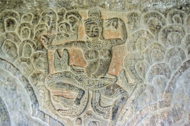 Dans figürünün kabartma kabartması. Angkor Wat Tapınağı Duvarı, Siem Reap, Kamboçya.