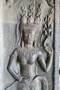 Antik Khmer, Apsara dansçı tanrıçasının oyması. Angkor Wat Tapınağı, Siem Reap, Kamboçya.