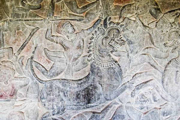 Antiguo Tallado Jemer Dios Hindú Cabalgando Batalla Espalda León Imperial — Foto de Stock