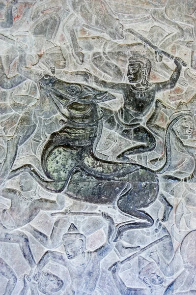 Escultura Baixo Relevo Khmer Antigo Mostrando Deus Hindu Montando Cavalo — Fotografia de Stock