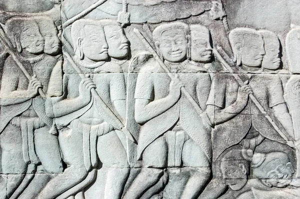 Het Oude Khmer Bas Reliëf Snijwerk Toont Het Khmer Leger — Stockfoto