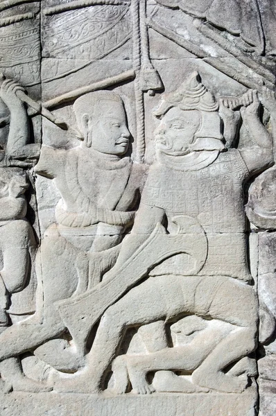 Forntida Bas Lättnad Carving Visar Khmer Och Cham Soldat Slåss — Stockfoto