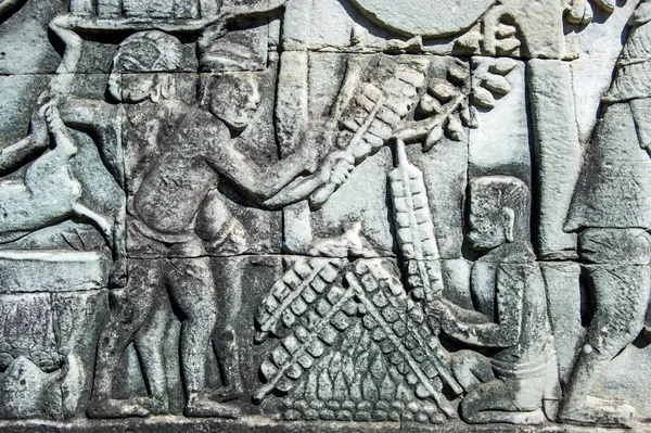 Αρχαίο Ανάγλυφο Γλυπτό Των Χμερ Δείχνει Ψήνονται Κεμπάπ Φωτιά Frieze — Φωτογραφία Αρχείου
