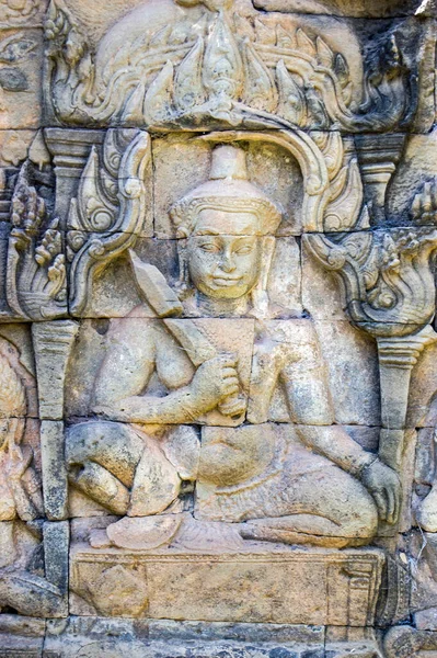 Carving Deva Hindu God Holding Sword Terrace Leper King Angkor — Stock Photo, Image