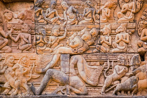 Forntida Khmer Bas Lättnad Carving Ravana Den Hinduiska Demonen Med — Stockfoto