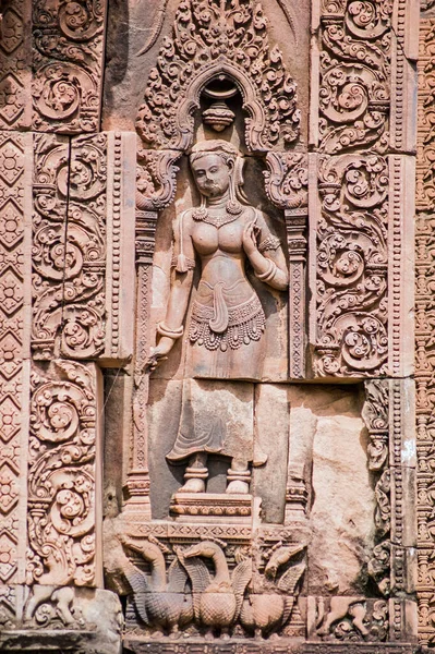 柬埔寨吴哥窟Banteay Srei寺 古代高棉人在菩萨上雕刻了一只带有鹅群的Devata女神的浮雕 1000多年前的砂岩雕刻 — 图库照片