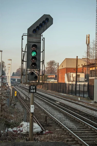 Hampshire Ngiltere Şubat 2012 Demiryolu Sinyali Üzerindeki Tek Bir Yeşil — Stok fotoğraf