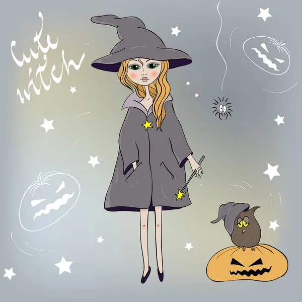 cute fashion cartoon witch with an owl. Halloween background.
