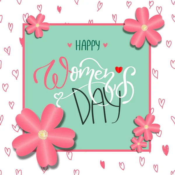 Maart Roze Bloemen Wenskaart Internationale Happy Women Day Snijbloem Groene — Stockvector