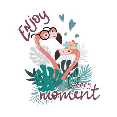 Yaz sloganı vektörel flamingo illüstrasyon ile yazdırın. T-shirt veya diğer kullanımlar için T-shirt grafik / tekstil grafik