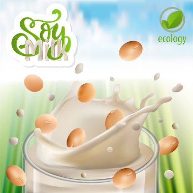 Soya sütü doğal yeşil alanda 3d resimde izole fasulyeli yağıyor