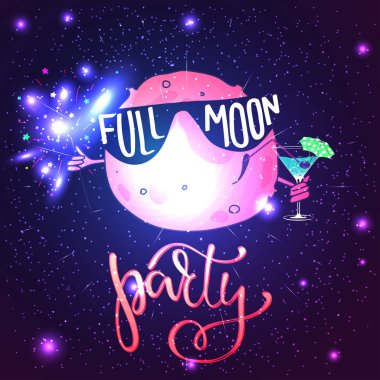 Full moon party cosmic background, vector illustration. Summer sun poster with a funny moon in sunglasses, cocktail and lettering text clipart