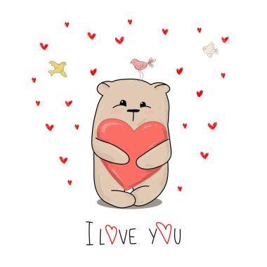 Komik karakter teddy Sevgililer günü kavramı içinde büyük bir kalp paws holding