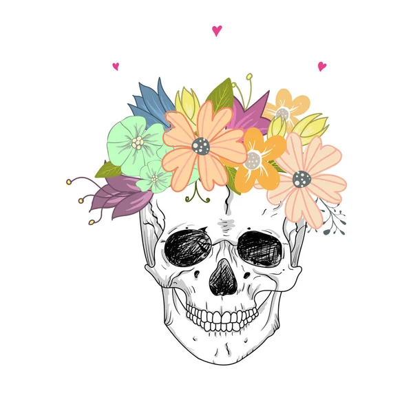 Crâne Humain Couronne Fleurs Los Muertos — Image vectorielle