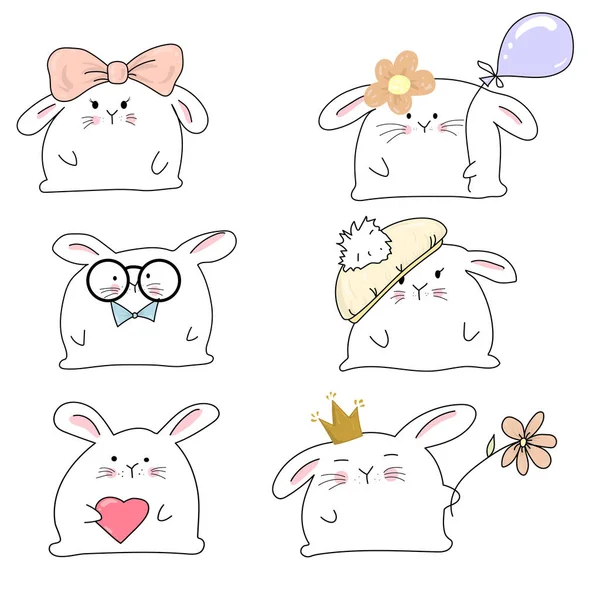 Collection Funny Cute Happy Kawaii Rabbits — Stock Vector