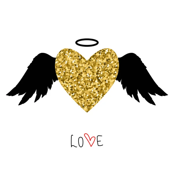 Kreskówka Plakat Romantyczny Serce Złoty Brokat Skrzydła Cytat Valentine Dzień — Wektor stockowy
