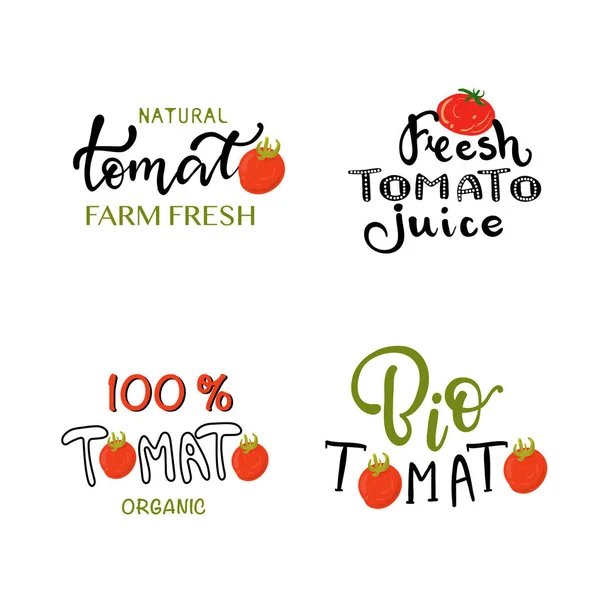 Hand Skissade Tomat Bokstäver Typografi Bondens Marknad Ekologisk Mat Naturlig — Stock vektor