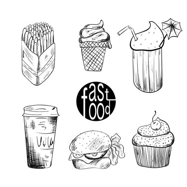 Fast Food Mão Desenhada Conjunto Gravado Estilo Junk Food Hambúrguer —  Vetores de Stock