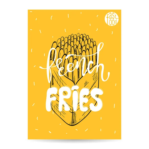 Batatas Fritas Mão Desenhado Fast Food Cartazes Estilo Vintage Retro —  Vetores de Stock