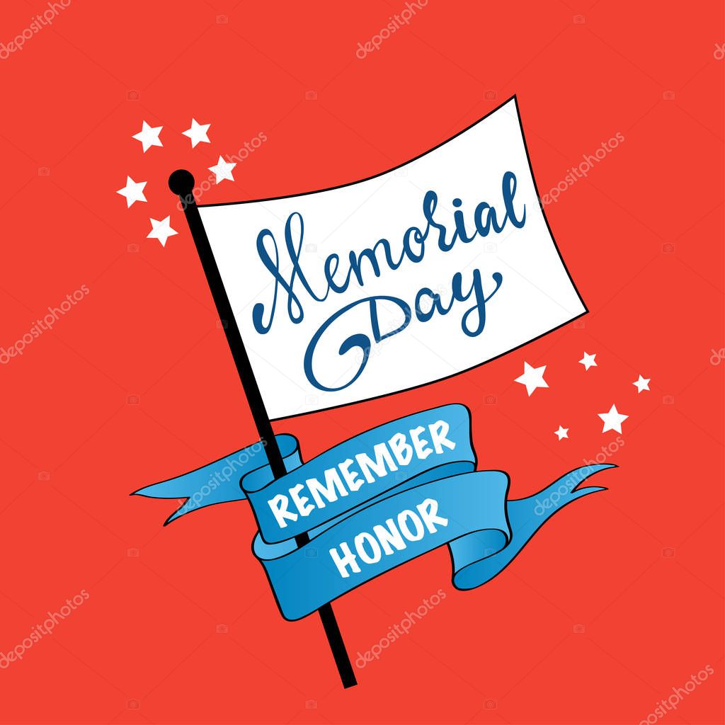 Vector Happy Memorial Day card. National american holiday illustration. Festive poster or banner with hand lettering.