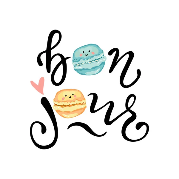 Slogan Bonjour Impressão Vetorial Com Macaroons Bonitos Para Shirt Outros —  Vetores de Stock