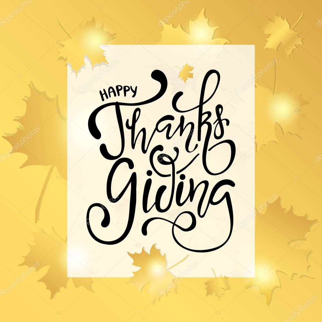 Happy Thanksgiving Day celebrations greeting card design with hanging maple leaves and lettering