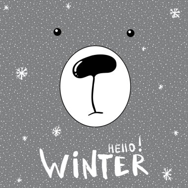 Elle çizilmiş ayı ile şirin sloganı kartı. Kış yazı Merhaba kartı, poster. 