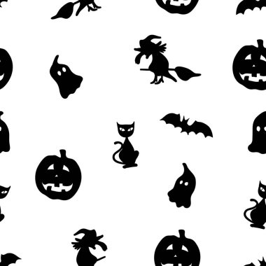 Yarasalar, Cadılar, hayaletler ve jack-o'-lantern yapılmış yaratıcı seamless modeli. Cadılar Bayramı kavramı. Vektör
