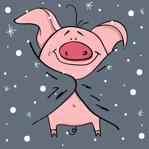 可爱的卡通小猪。冬季背景. — 图库矢量图片
