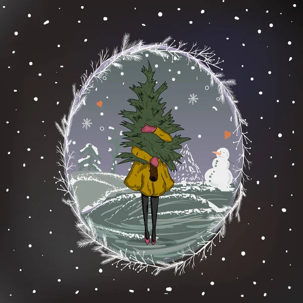 クリスマス ツリーを持つ女性。冬の背景の女の子。グリーティング カード幸せな新年とクリスマス — ストックベクタ