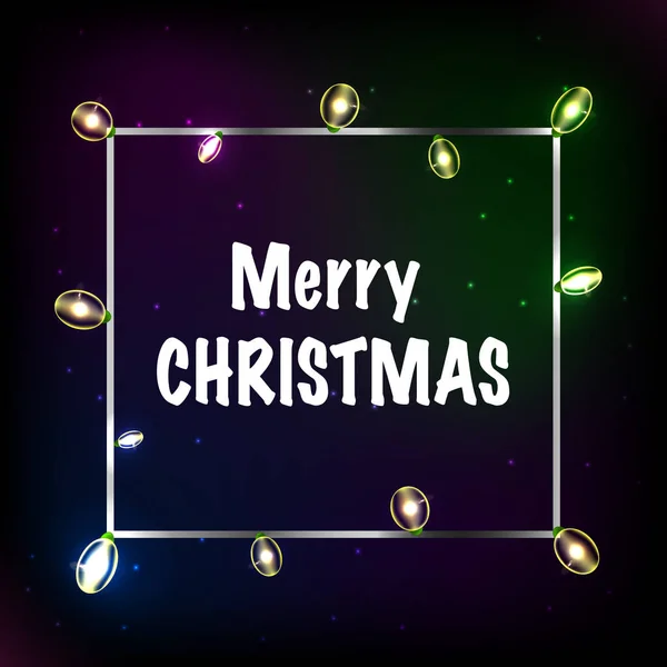 輝くクリスマス ライト リース クリスマスの休日のグリーティング カードのデザイン。メリー クリスマスの文字ラベル。輝くライト花輪クリスマス ホリデー グリーティング カード デザイン. — ストックベクタ