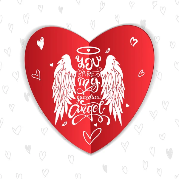 "Jste můj strážný anděl!" Šťastný Valentýna nápis popisek pro rekreační design. Kreslený andělská křídla se svatozáří a kaligrafické zprávy. Ručně psaných jedinečnější typografii Design — Stockový vektor