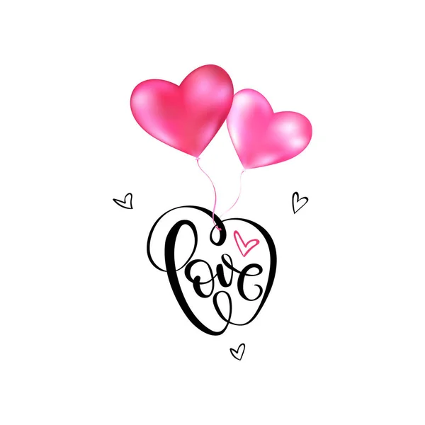 Láska nápis s létající balónky růžové srdce — Stockový vektor