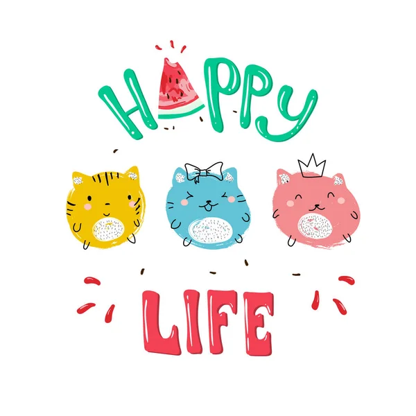 Happy Life slogan och katten illustration — Stock vektor