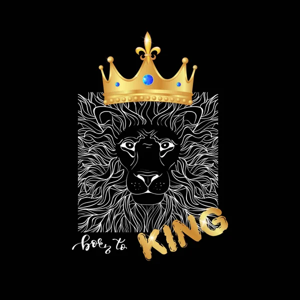 King slogan print with lion in gold realistic crown illustration. — Stock Vector